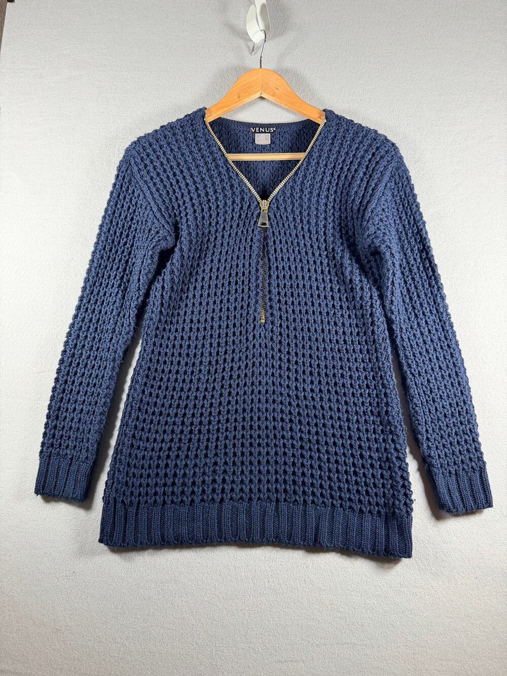 Venus Navy Open Knit Gold Zip Sweater Size S